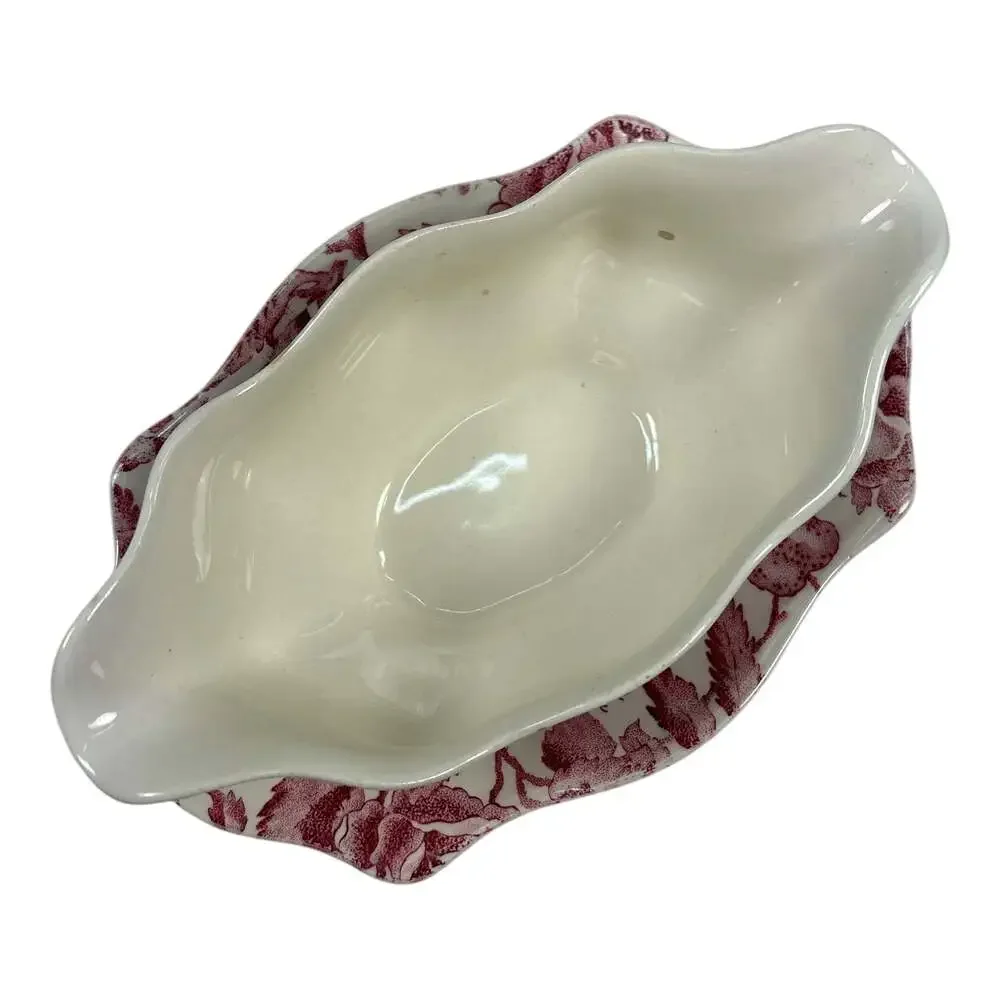 Vintage Johnson Bros English Chippendale 6” X 8 1/2” Gravy Boat Attached Plate